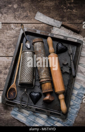 Various vintage French baking and kitchen utensils Stock Photo