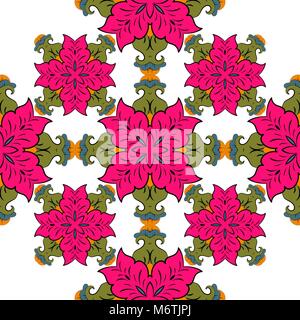 Seamless flower pattern. Blue, green, pink shades. Dark background. Vintage oriental style Stock Vector