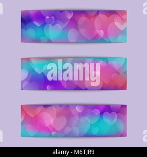 banner set with blurry hearts in pink and blue gentle tones Stock Vector