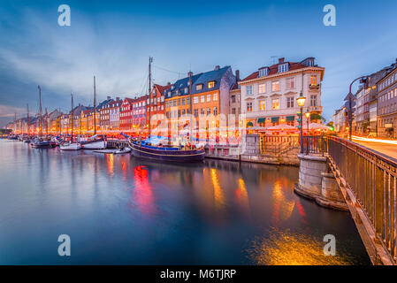 Copenhagen, Denmark skyline on the Nyhavn Canal at twilight. Stock Photo