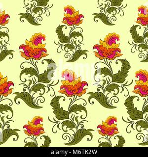 Seamless pattern with red flower. Yellow background. Vintage oriental style Stock Vector