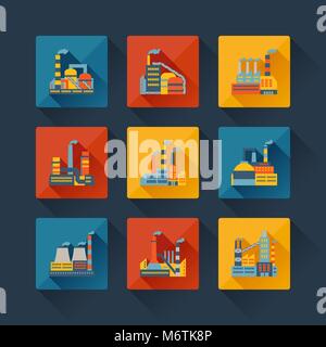 Industrial factory buildings icons set in flat design style Stock Vector