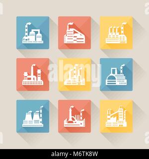 Industrial factory buildings icons set in flat design style Stock Vector