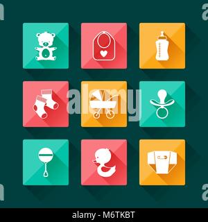 Newborn baby icons set in flat design style Stock Vector