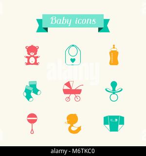 Newborn baby icons set in flat design style Stock Vector