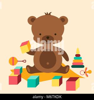 Little cute baby bear playing with toys Stock Vector