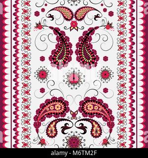 Red paisley pattern on white, seamless borders Stock Vector