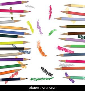 multi-colored pencils with drawings on a white background Stock Vector