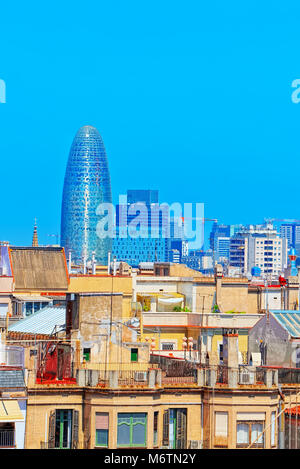 Barcelona, Spain - June 12, 2017 : Agbar Tower ( Torre Glories ) and panorama of the center of Barcelona, the capital of the Autonomy of Catalonia. Sp Stock Photo