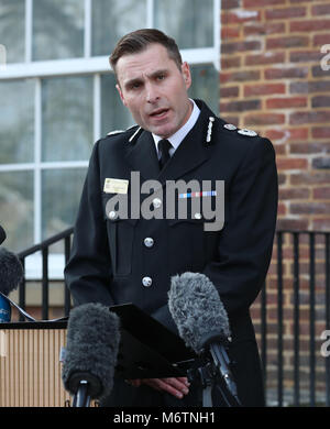 Wiltshire Police Assistant Chief Constable Kier Pritchard speaking at a press conference outside Wiltshire Police Headquarters in Devizes after double agent Sergei Skripal was found critically ill by exposure to an unknown substance in Salisbury. Stock Photo