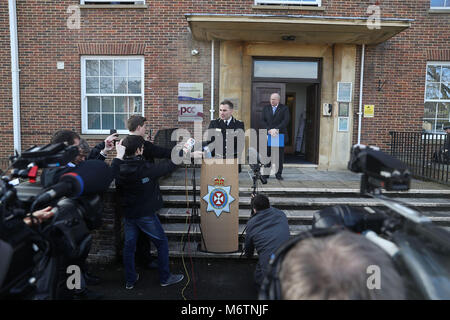 Wiltshire Police Assistant Chief Constable Kier Pritchard speaking at a press conference outside Wiltshire Police Headquarters in Devizes after double agent Sergei Skripal was found critically ill by exposure to an unknown substance in Salisbury. Stock Photo