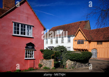 Colorful half timber framed thatched cottages, Lavenham village, Suffolk County, England, UK Stock Photo