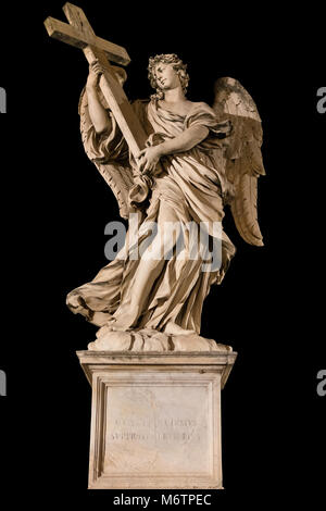 Statue of an angel holding a cross at Ponte Sant'Angelo, Rome. Isolated on black. Clipping path available Stock Photo