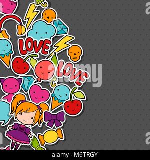 Abstract background with cute kawaii doodles Stock Vector