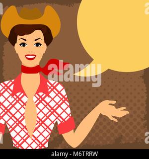 Card with beautiful pin up cowgirl 1950s style says something Stock Vector