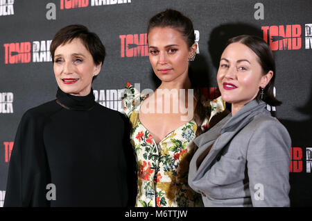 Kristin Scott Thomas, Alicia Vikander and Jaime Winstone attending the Tomb Raider European Premiere held at Vue West End in Leicester Square, London. Stock Photo