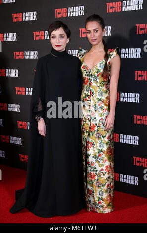 Kristin Scott Thomas and Alicia Vikander attending the Tomb Raider European Premiere held at Vue West End in Leicester Square, London. Stock Photo