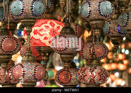 Traditional bright decorative hanging Turkish lamps and colourful lights with vivid colours  in the Istanbul Bazaar, Turkey Stock Photo