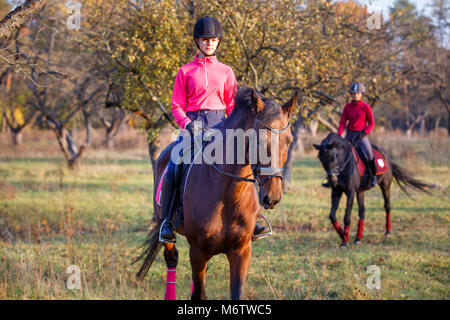 Young rider girl on bay horse in the autumn park at sunset. Teenage girl riding horse in park Stock Photo