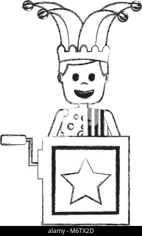 jack in the box surprise with jester and clothes hat vector illustration sketch image Stock Vector