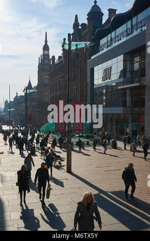 Buchanan Street - one of the main shopping streets in Glasgow on a sunny morning. Stock Photo