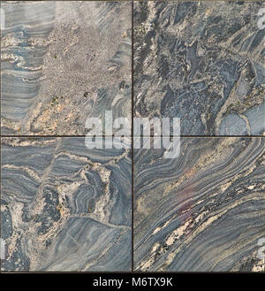 Square of four polished marble feature wall tiles. Natural luxury with complex swirls, patterns and designs. Stock Photo