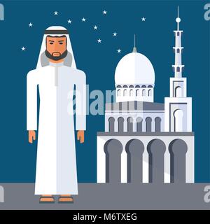 Arab man in traditional white clothes near the Islamic mosque. Traditional Eastern religion and faith, worship of Allah, prayers and reading of the Ko Stock Vector