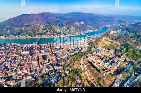 Aerial panorama of Heidelberg with the castle and the Neckar River. Germany Stock Photo