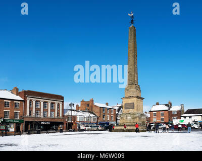 Snow covered Market Place and Obelisk in Winter Ripon North Yorkshire England