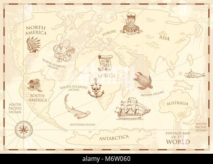 Vintage world map with compass and mountains. Sea creatures in the ocean. Aged treasure. marine captain and anchor, nautical pirates. old retro parchm Stock Vector