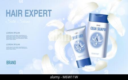 Realistic hair shampoo conditioner. Tube container cosmetic light background blue sunny sky spring white feather. 3d template mock up branding cosmetic care product vector illustration Stock Vector