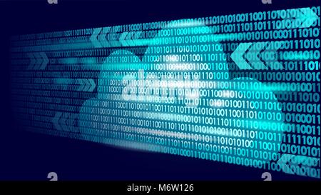Cloud computing online storage binary code numbers. Big data information future modern internet business technology. Blue glowing global file exchange available background vector illustration