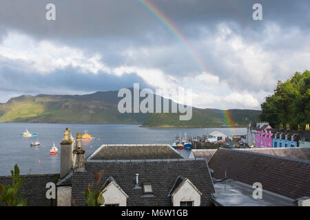 View from Quay Street, Portress looking out into Portree Harbour and Loch Portree. Portree Isle Of Skye, Inner Hebrides, Scotland Stock Photo