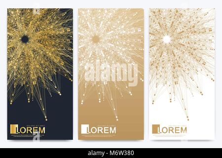 Modern set of vector flyer, web, banner, card, vip, certificate, gift, voucher. Molecule and communication background. Connected line with dots. Golden design in trendy linear style. Stock Vector