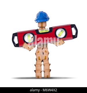 Box character digital character workman with hard hat and holding a large spirit level tool. Worker and tool isolated concept artwork on a white backg Stock Photo