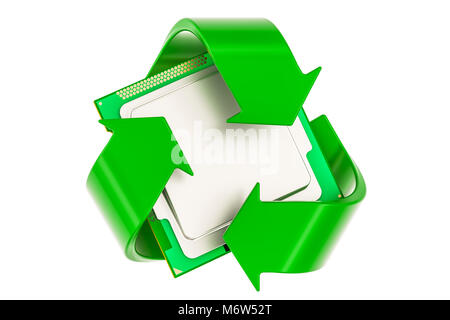 Green recycle symbol with CPU computer processor unit, 3D rendering Stock Photo