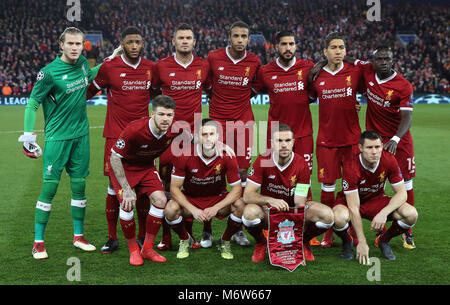 Back row, left to right, Liverpool goalkeeper Loris Karius, Joe Gomez, Dejan Lovren, Joel Matip, Emre Can, Roberto Firmino and Sadio Mane. Front row, left to right, Liverpool's Alberto Moreno, Adam Lallana, Jordan Henderson and James Milner before the UEFA Champions League match at Anfield, Liverpool. PRESS ASSOCIATION Photo. Picture date: Tuesday March 6, 2018. See PA story SOCCER Liverpool. Photo credit should read: Peter Byrne/PA Wire Stock Photo