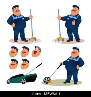 Funny cartoon janitor set with emotions. Smiling fat character gardener in blue suit sweeping floor with broom. Happy flat cleaner with lawn mower and face expressions. Colorful vector illustration. Stock Vector