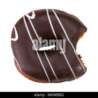 Bitten chocolate donut with colorful sprinkles isolated on white background. Top view. Stock Photo
