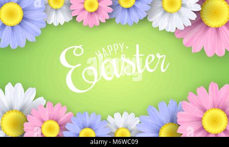 Banner for Happy Easter. Multicolored flowers of chamomile. Seasonal background. Vector illustration. EPS 10 Stock Vector