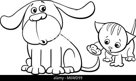 Black and White Cartoon Illustration of Puppy and Cute Little Kitten Pet Animal Characters Coloring Book Stock Vector