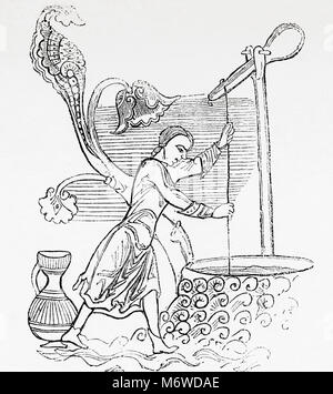 Raising water from a well with a loaded lever in the middle ages.  From Old England: A Pictorial Museum, published 1847. Stock Photo