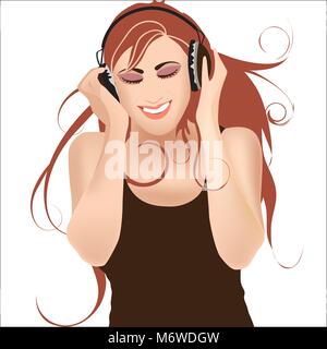 Girl in headphones listening music isolated on white background Stock Vector