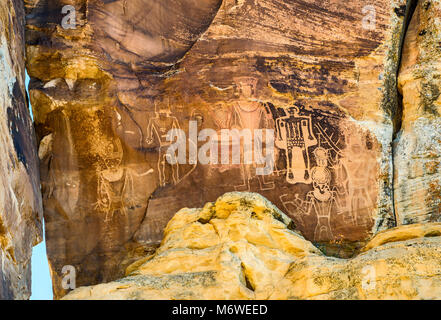 Three Kings panel, Native American petroglyphs, Fremont style, in Dry Fork Canyon, McConkie Ranch, near Vernal, Utah, USA Stock Photo