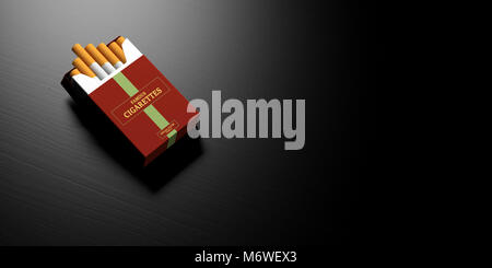 Smoking concept. Brand name cigarette pack on black wooden background, banner, space for text. 3d illustration Stock Photo