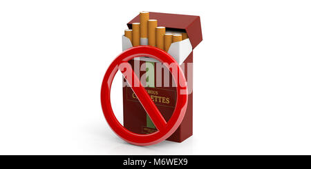 No smoking sign and red brand name cigarette packet isolated on white background. 3d illustration Stock Photo