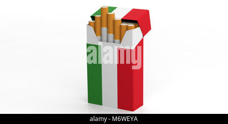 Smoking cigarettes in Italy. Italian flag on a cigarette packet isolated on white background. 3d illustration Stock Photo