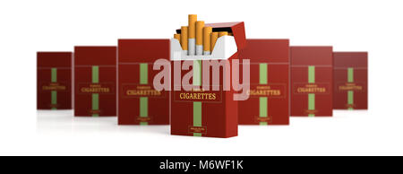 Smoking. Brand name cigarette pack and blur packs isolated on white background, banner. 3d illustration Stock Photo