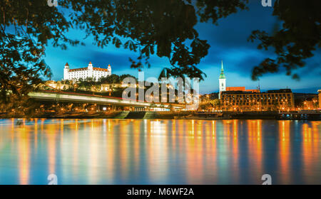Bratislava castle, Danube river and  saint Martin cathedral after sunset, Bratislava, Slovakia Stock Photo