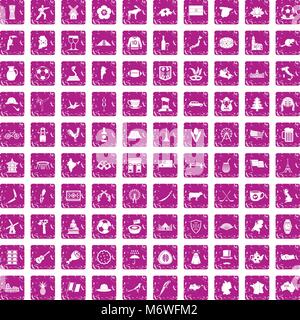 100 map icons set grunge pink Stock Vector